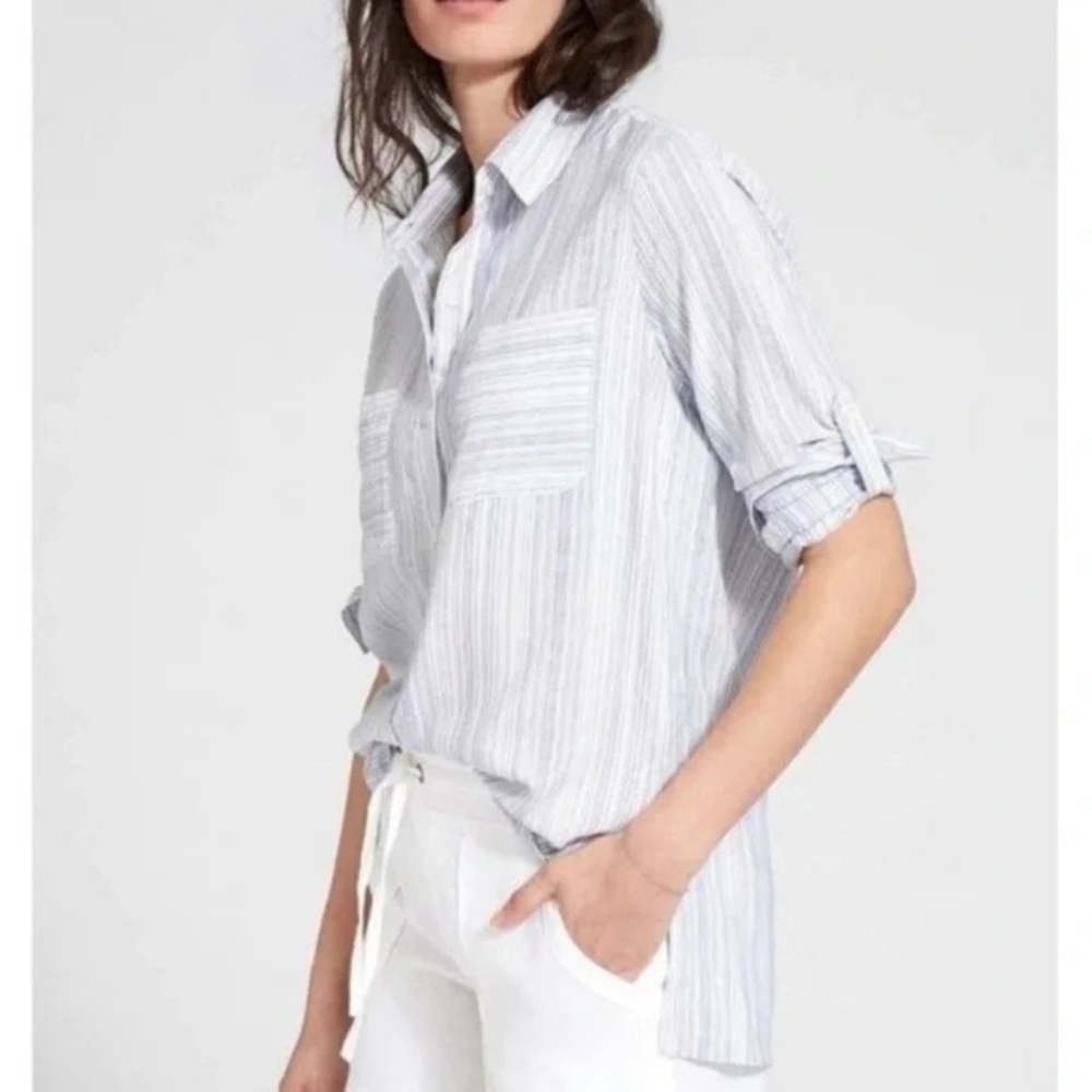 Athleta Blue and White Micro Striped Shirt